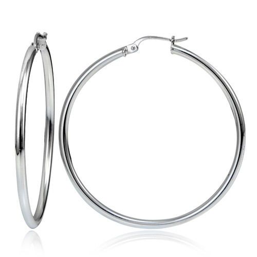 Sterling Silver 2mm High Polished Round Hoop Earrings, 50mm