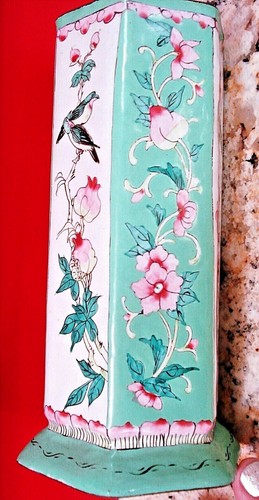 RARE 1890 Chinese Famile Verte Enamel over Brass paneled w/ floral & birds Vase - Picture 3 of 9