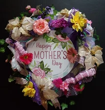 Large Beautiful Happy Mother's Day  Mom Multi Color Floral 24" Deco Mesh Wreath