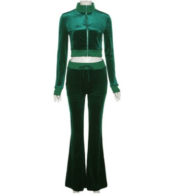 Women Velvet Tracksuit 2PC Set Long Sleeve Zipper Sweatshirt Top+
