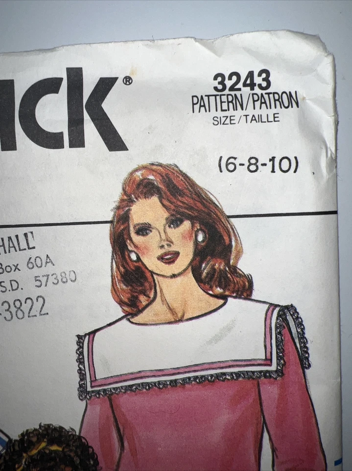 Vintage 80s Butterick Pattern 3243 Peter Pan Sailor Shirt Size 6-8-10 Uncut - Image 2 of 3