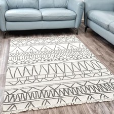 Image of Natural Cotton Rug Cream Grey with Tassels Geometric Pattern Large XL Small  Mat
