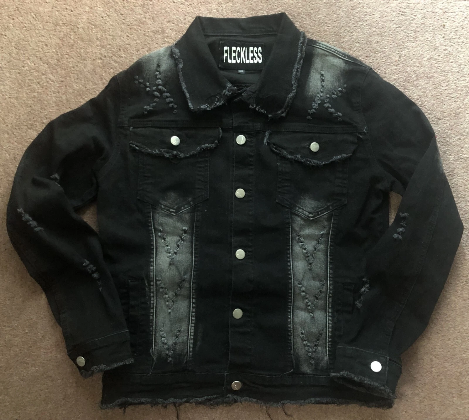 Fleckless M.FOUR MAKE Ultra Distressed Black-Charcoal Denim Jacket Printed Back