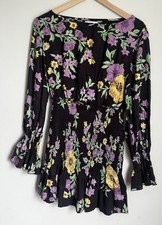 Urban Outfitters Leandra Smocked Mini Dress Black Purple Floral Long Sleeve Sz M