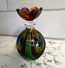 Unmarked Art Glass Perfume Bottle w/ Flower Stopper, Multicolor Abstract 5”