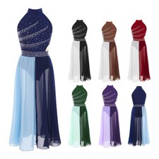 Girls Maxi Color Block Dancewear Chiffon Dress Sleeveless Ballroom Leotard