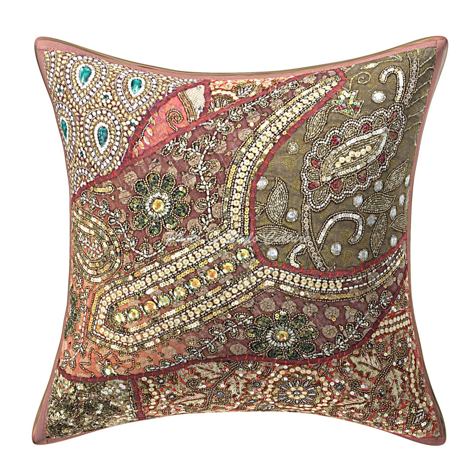 Indian Cotton Throw Pillow Cover Beaded Patchwork Brown Patchwork Home Decor