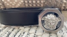  895 NWT Versace Black Silvertone Medusa Logo Leather Belt Size 120 42 
