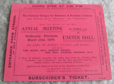 Ticket for Annual Meeting of National Refuges for Homeless -  Exeter Hall  1899