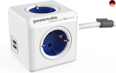 allocacoc PowerCube DuoUSB Extended Blau EU, 4 fach Steckdosenverteiler mit 2,1