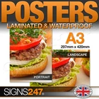 A3 Poster Printing - Full colour LAMINATED WATERPROOF POSTERS