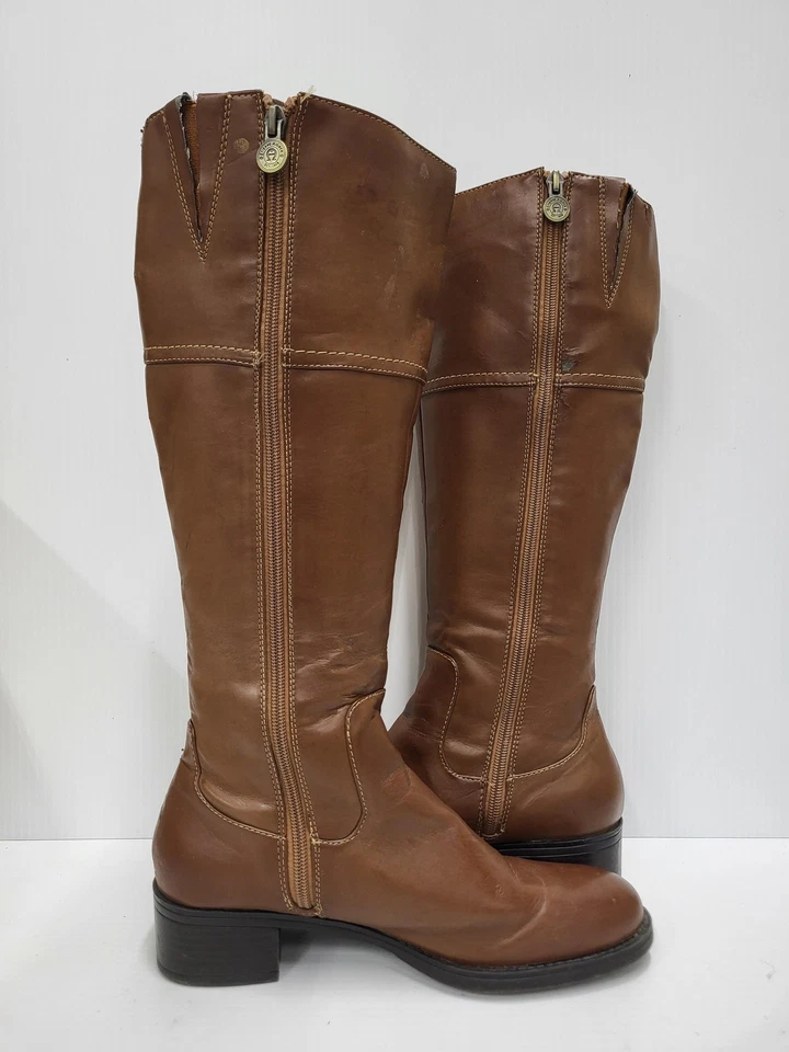 Botas Etienne Aigner Femininas Tamanho 8.5M Marrom Castidade Joelho Alto Zíper Logotipo de Equitação - Imagem 4 de 4