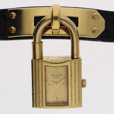 HERMES Watch Kelly Gold Dial GF/Leather Belt Quartz Movement Women's Auth Rare