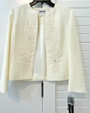 NWT Kasper Petite Open Front Jacket Floral Motifs Embellishments Ivory Size 10 P