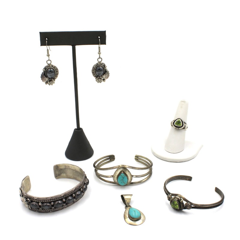 Southwest Signed Sterling Turquoise Hematite 5-6IN Jewelry Set Lot of 6 #S5513-2