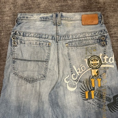 VINTAGE Ecko Unltd Jeans Mens 30x30 Blue Denim Pants Y2K Graffiti Baggy Wide Leg