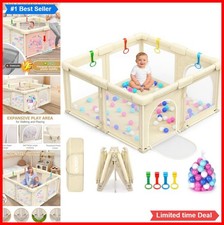 Foldable Baby Playpen 50x50 Inch Oxford Fabric Mesh Beige 27 Inch Tall For