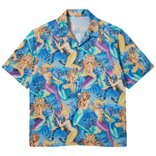 Mermaid Print Hawaiian Shirt Men Short Sleeve Button Up Blue