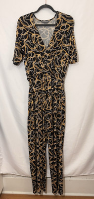 KATE & MALLORY Black Gold Chain Print Jumpsuit With Belt Stretch Knit Womens L