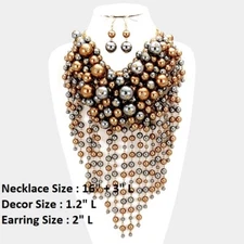Bib Statement Chunky Multi Layered Fringe Beaded Strand Pearl Necklace Earrings