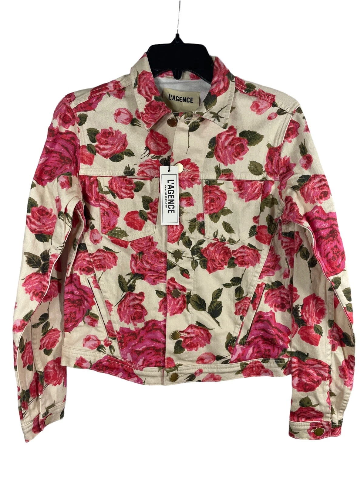 Giacca da camionista rosa L'Agence Celine Denim floreale abbottonata piccola nuova con etichette $365
