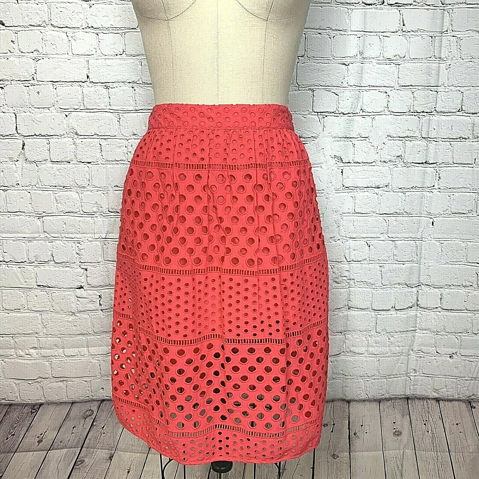 LOFT Womens Skirt Coral Red Eyelet A-line Knee Length Casual Cotton NWT Size 4