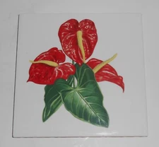 VINTAGE Santa Anita Ware Pottery Red Anthurium 6'' Tile