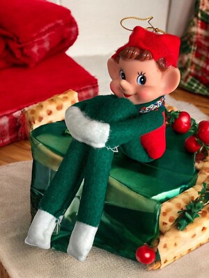 Vintage Christmas Knee Hugger Pixie Elf With Bell Doll