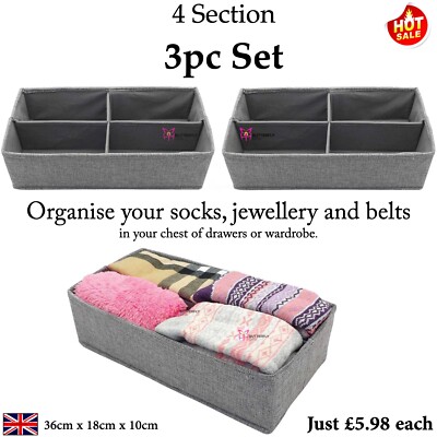 4 Abschnitt Schublade Organizer Aufbewahrungsbox Ordnung Socken BH Krawatten Teiler 3er SET