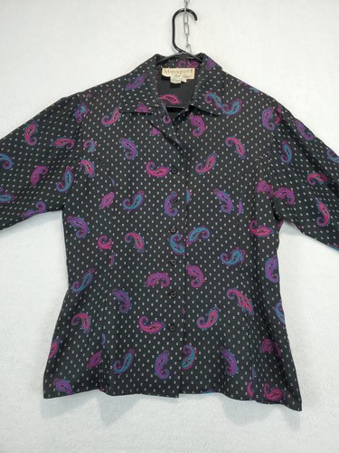 Vintage blassport Bill Blass Womens Size 10 100% Silk Blouse Black Paisley Retro - Picture 2 of 11