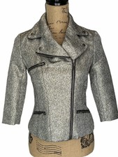 Asos Petite Silver Lurex Zipper Close Biker Jacket Uk8 Nwot