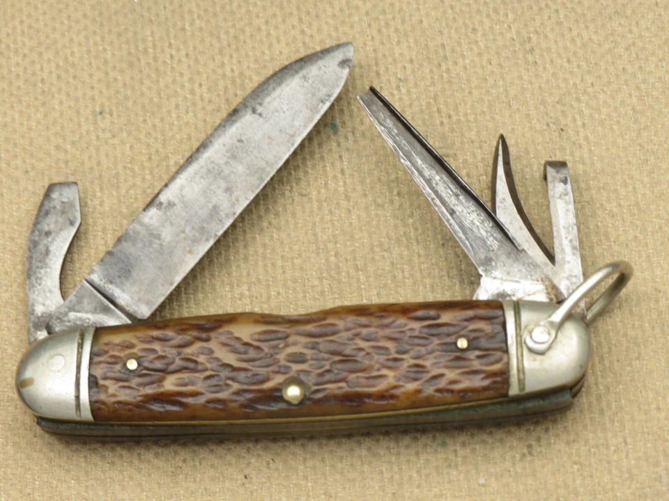 Antiguo NAVAJA CRISOL 1920 CO NY - Hecho para WT Grant - Scout Cuchillo Utilitario Hueso Foto 3 de 4