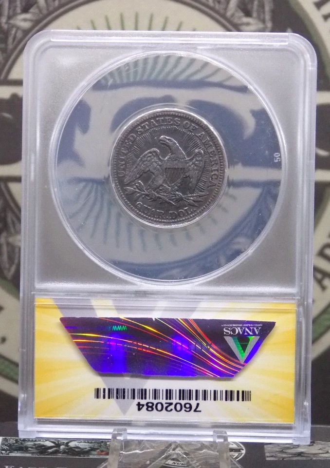 Cuarto Libertad Sentada 1853 "P" *FLECHAS Y RAYOS* 25c ANACS EF45 XF Detalles #084 Foto 4 de 4