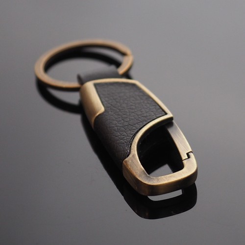Men's Women's Black Leather & Bronze Clip Keychain Car Key Ring Fob