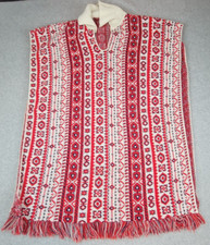 Vintage 70s Knit Poncho Red White Geometric Fringe Collared Hippie Boho OS