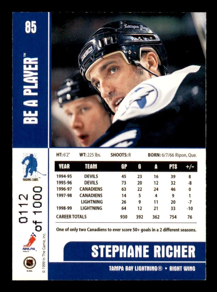 1999-00 BAP Memorabilia Silver #85 Stephane Richer Tampa Bay Lightning 0112/1000 - Image 2 of 2