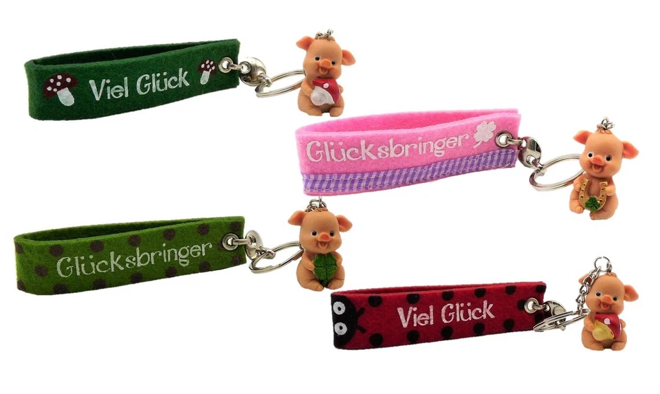 GESCHENKESTADL 4 Filz Schlüsselanhänger Glücksschwein Figur Schlüsselband Glücksbringer Glück
