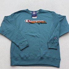Champion Mujer M Sudadera Mediana Verde Azulado Cuello Redondo Gráfico Logo Pullover