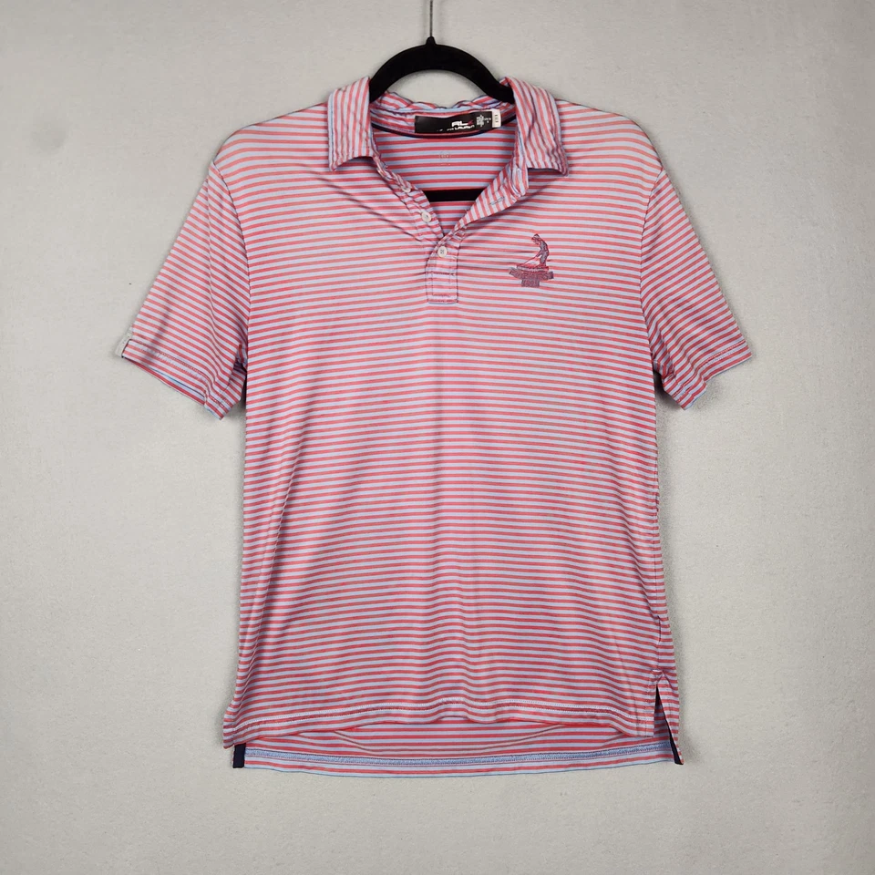 Рубашка поло женская RLX Ralph Lauren большая розовая синяя в полоску Pinehurst Golf 1895 - Изображение 2 из 4