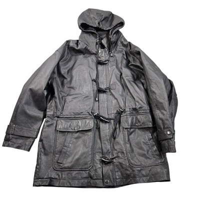 Wilsons Coat Mens Medium Black Leather Hooded Parka Toggle Pockets Lined Winter