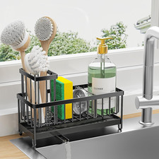 Black Sponge Holder for Kitchen Sink, Sink Caddy Organizer with High Brush Holde