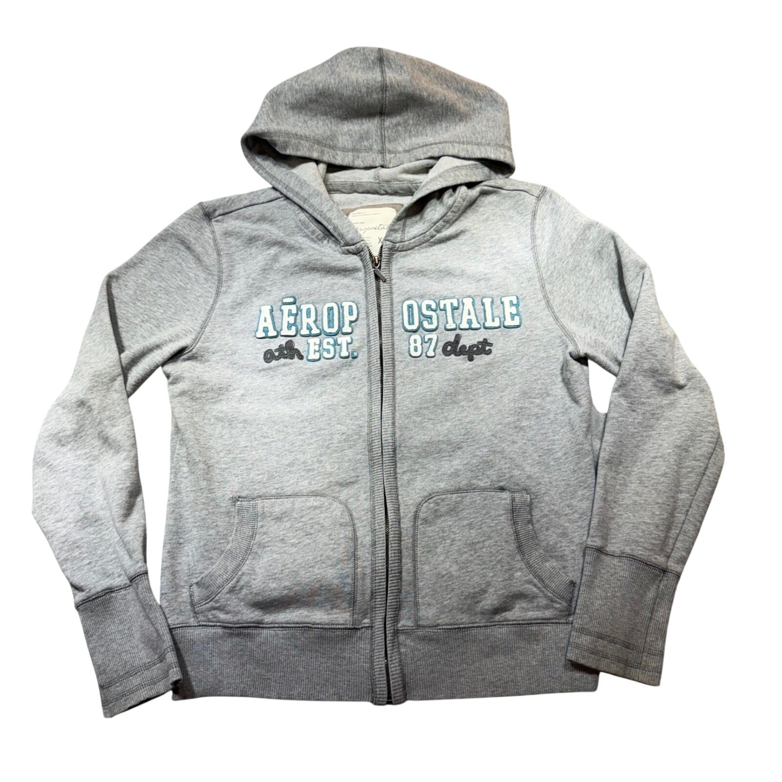 Aeropostale Full Zip Hoodie Heather Gray Applique Logo Y2K Skater XL