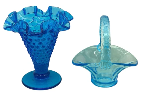 2 Miniature Fenton Basket Iridescent Turquoise & Blue Hobnail Ruffled Bud Vase