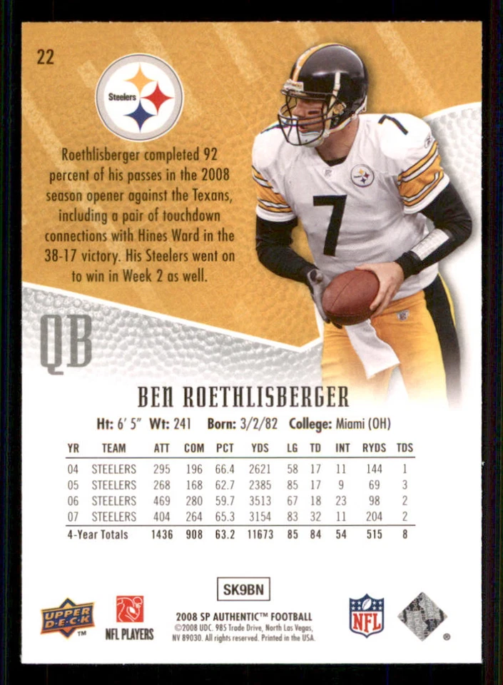 2008 SP Authentic #22 Ben Roethlisberger - Image 2 of 2