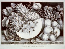 Frutas Variedades de Otoño, c1871, Currier & Ives, sandía, frambuesa, uva