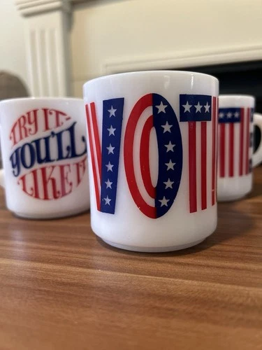 Vintage 1970s Federal Milk Glass VOTE Try It You’ll Like It Mugs Set 4 Patriotic
