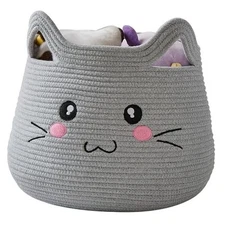  Animal Cat Basket, Cute Cotton Rope Woven Large Grey 2 Grey Cat Open Eyes