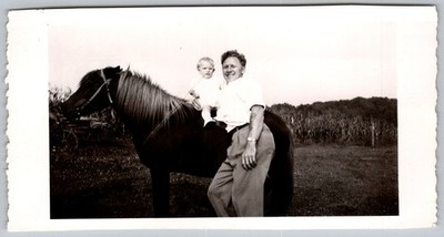 Vtg B&W Snapshot Smiling Man With Tattoo Baby On Horse Farm Corn Field 1950s