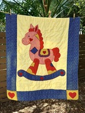 Vintage Handmade Quilt Rocking Horse Applique Gingham Floral Hearts Baby 54x42