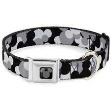 Dog Collar Seatbelt Buckle Mickey Mouse Head Stacked Black Grays 15 to 26 Inc...